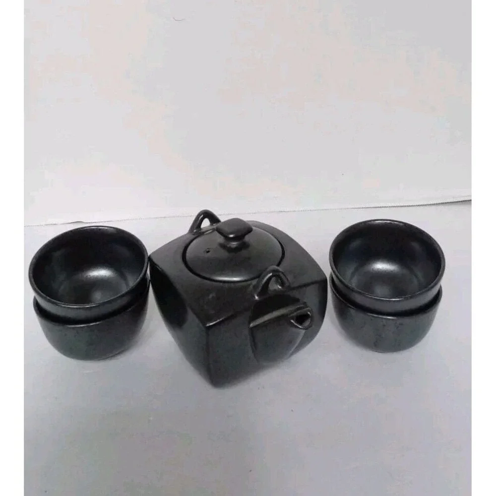 Matte Black Ceramic Tea Set 5pc Square‎ Teapot and 4 Tea Cups Minimalist Modern